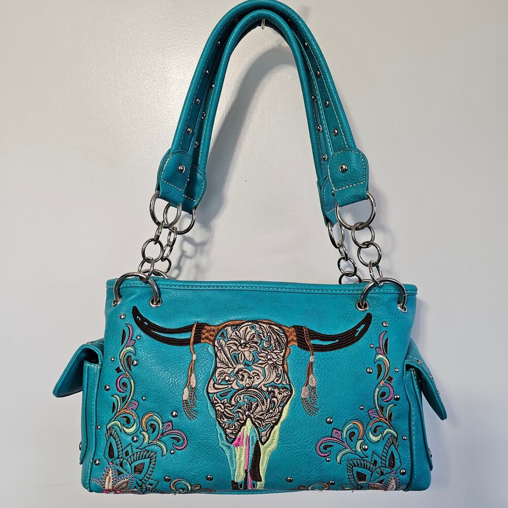 P & G Western Leather Concealed Carry Embroidered Steer Head Purse Handbag
